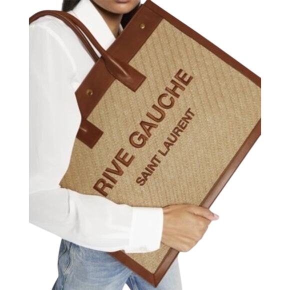 SAINT LAURENT ‘Rive Gauche’ Embroidered Raffia & Leather Tote Bag Natural NWT - Picture 3 of 8